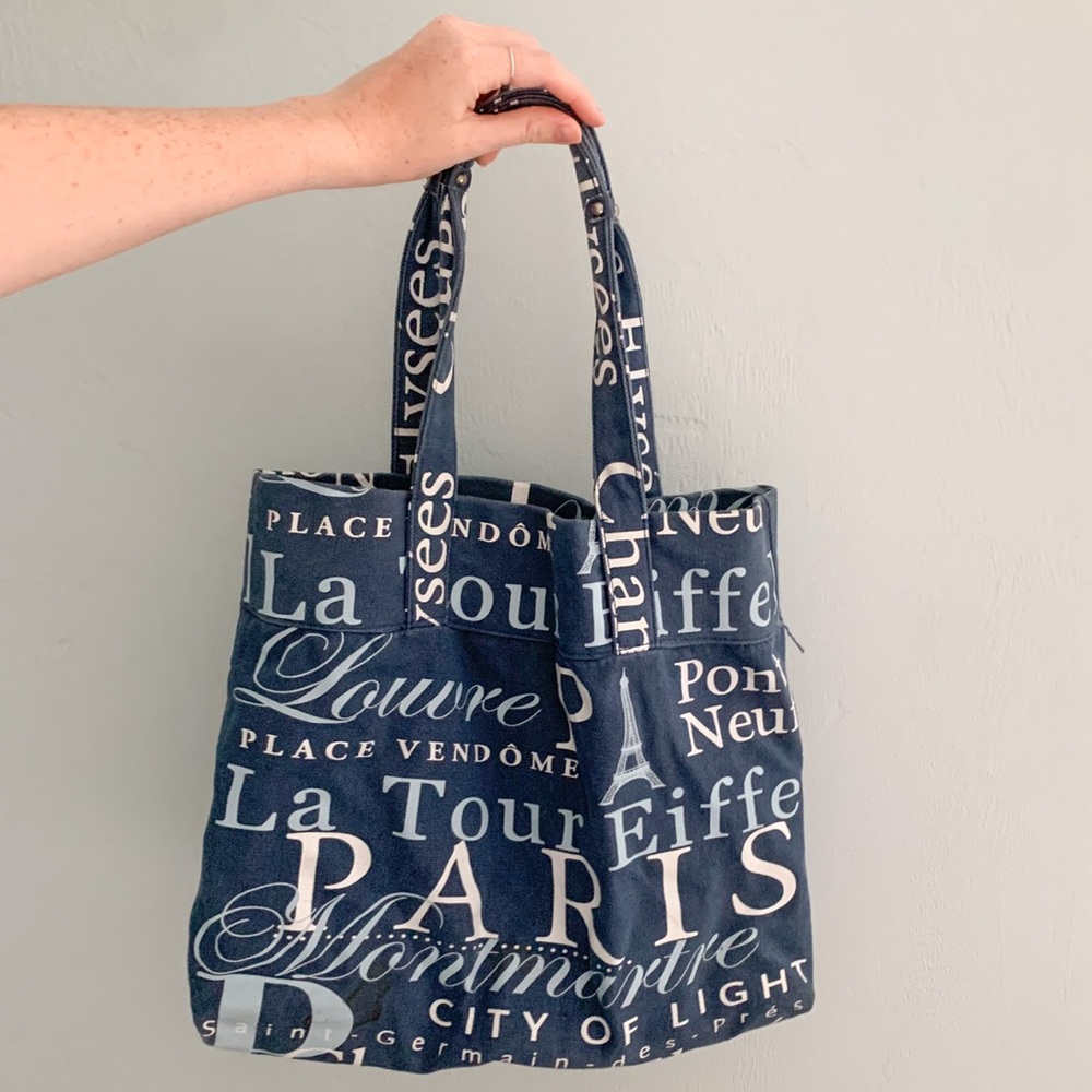Paris typographical navy blue canvas tote bag